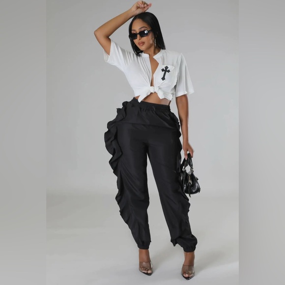 Fall 2025 Black Ruffle Statement Pants | Runway Inspired Trousers - Picture 1 of 3